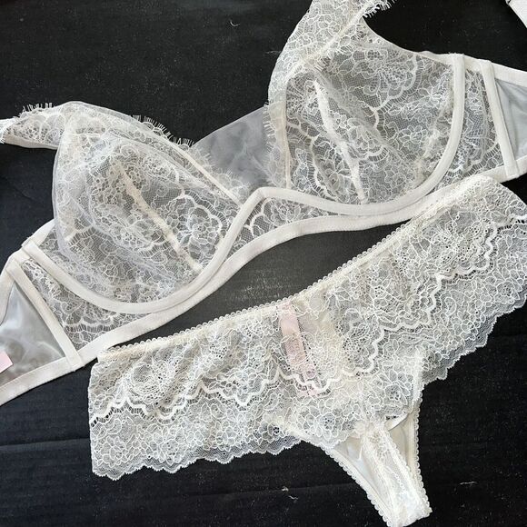 Victoria's Secret unlined 36DDD BRA SET L Thong WHITE lace DREAM ANGELS - Picture 3 of 3